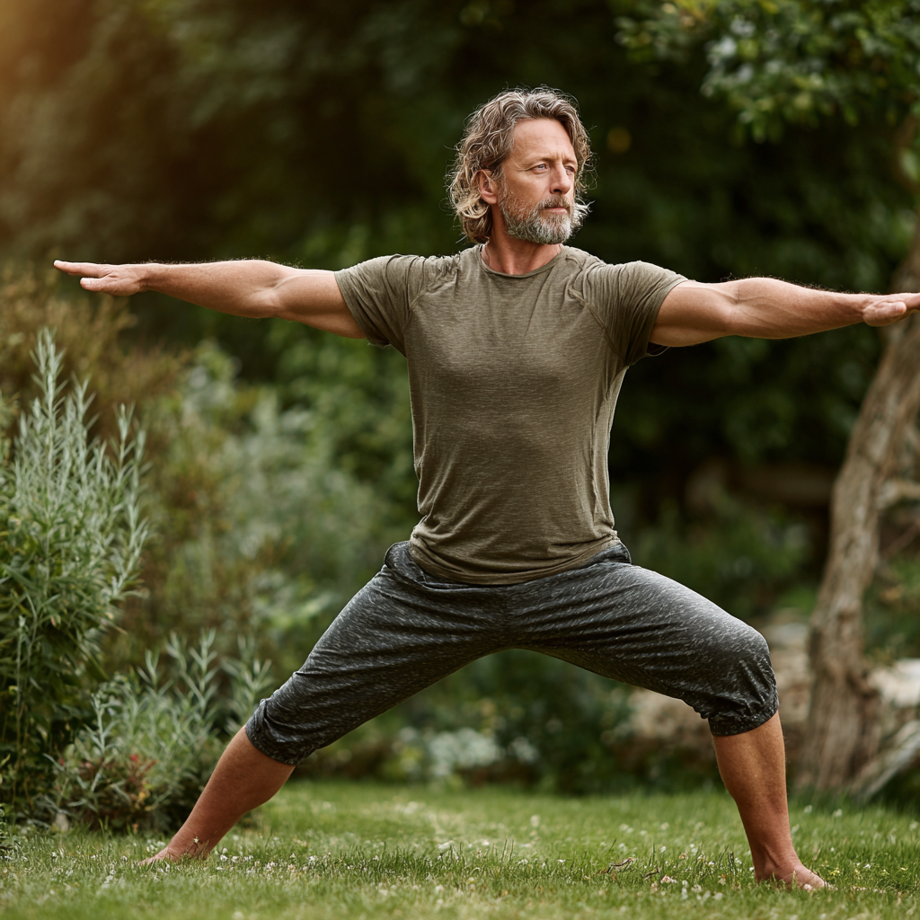 Mature man in his late 40s practicing yoga warrior pose outdoors in a serene garden setting, demonstrating strength and balance while wearing comfortable athletic wear, with focused expression showing inner peace and concentration