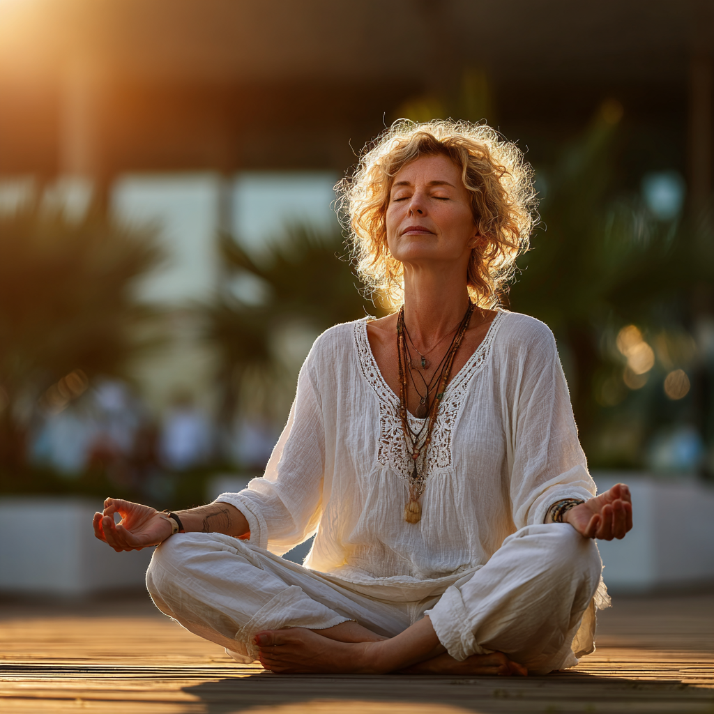 Serene middle-aged woman in her 50s practicing yoga meditation in lotus position outdoors, wearing comfortable white clothing, with peaceful expression and natural lighting creating a harmonious atmosphere